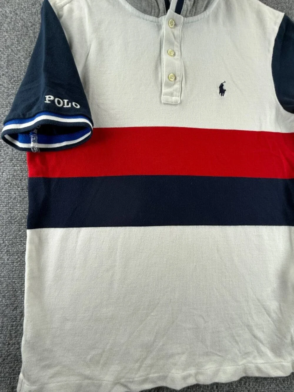 Polo Ralph Lauren Small Hooded Striped Red White Blue Polo Shirt Knit Mesh